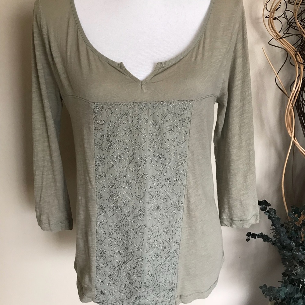 J.Crew Olive Green V-Neck Embroidered Front Top 3/4 Sleeve Blouse Sm Casual Boho